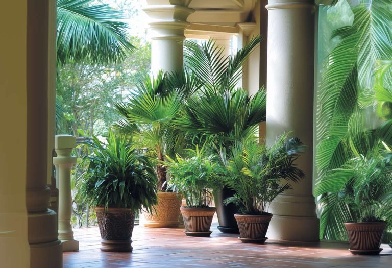 Potted palms on a Florida home front porch