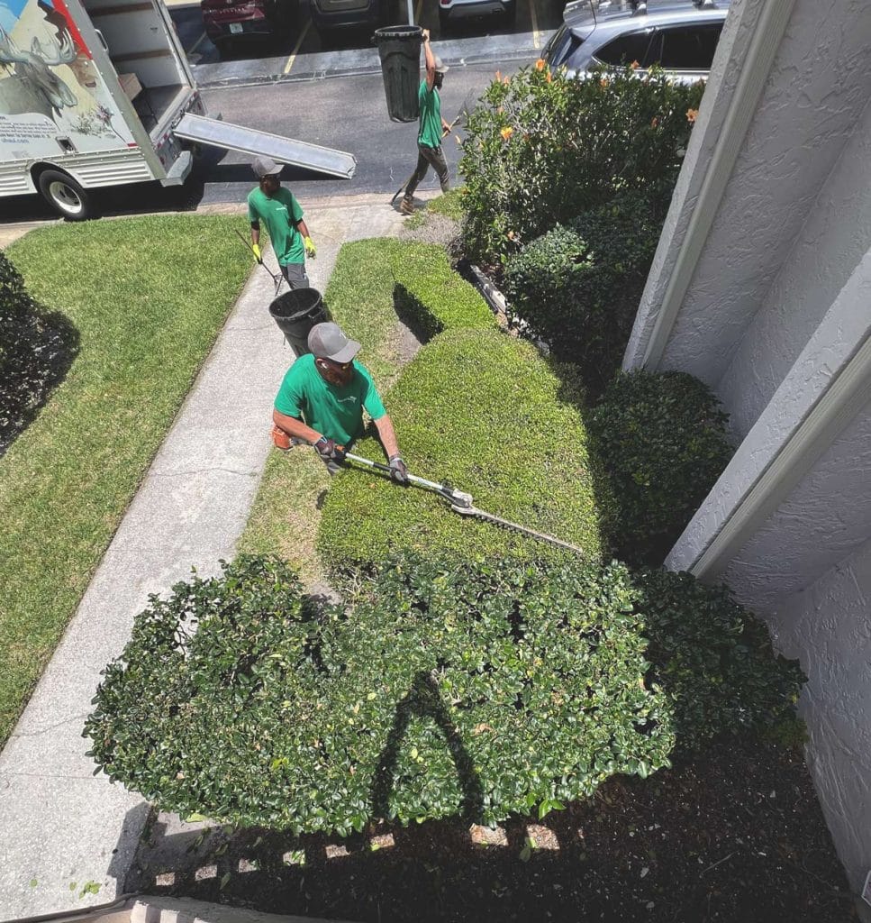 Landscape crew trimming large commercial property