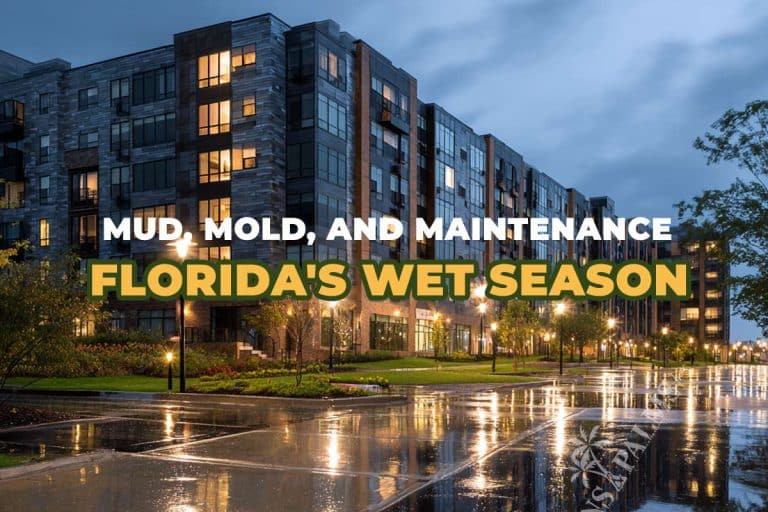 Large commercial property landscape showing wet conditions and standing water after heavy rainstorm in Florida