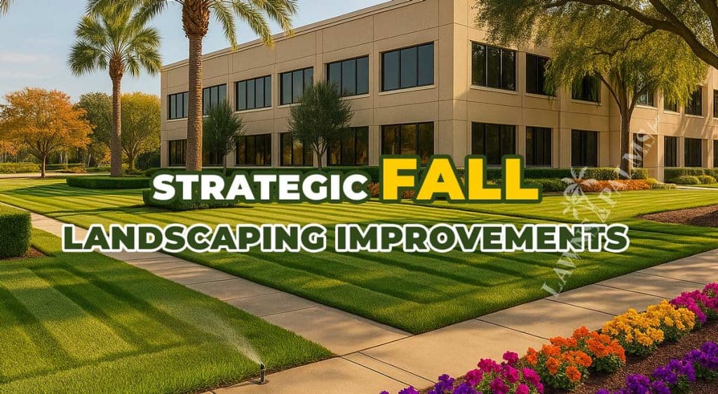 commercial property looking great during a fall day with cut grass and well maintained flower bed and shrubs