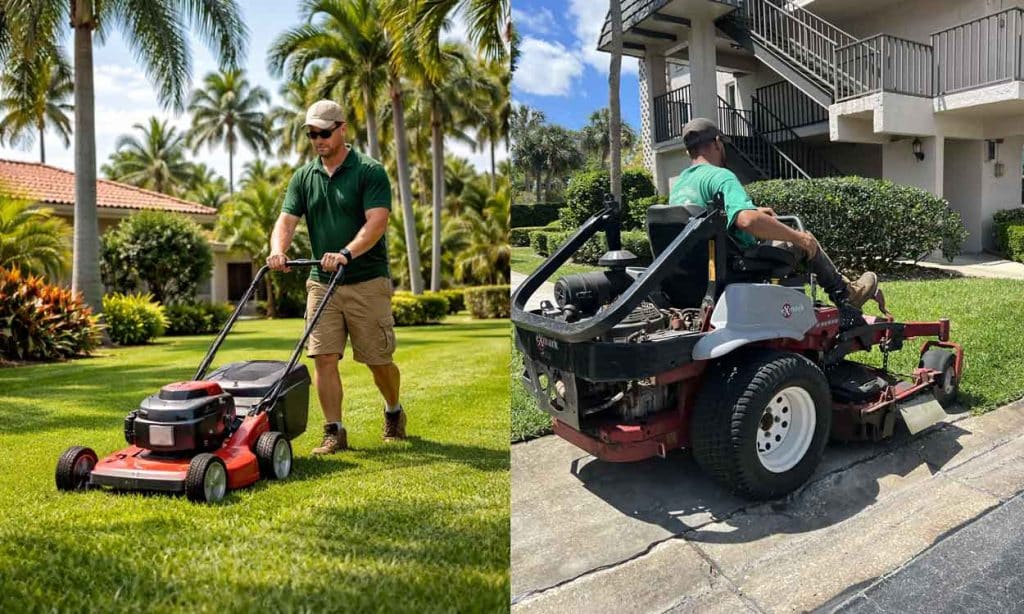 Man using push mower and also man using riding mower