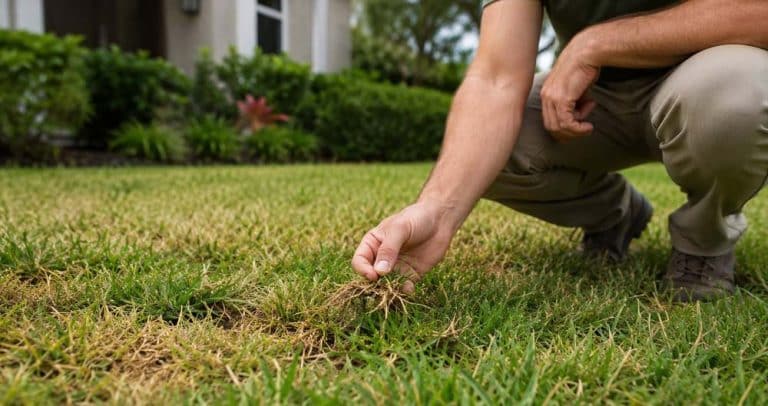 Florida lawn showing multiple signs of stress including yellowing patches, thinning turf, and dry soil in a residential yard