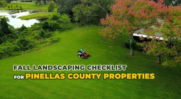 Landscaping crew performing fall maintenance on a Pinellas County residential lawn
