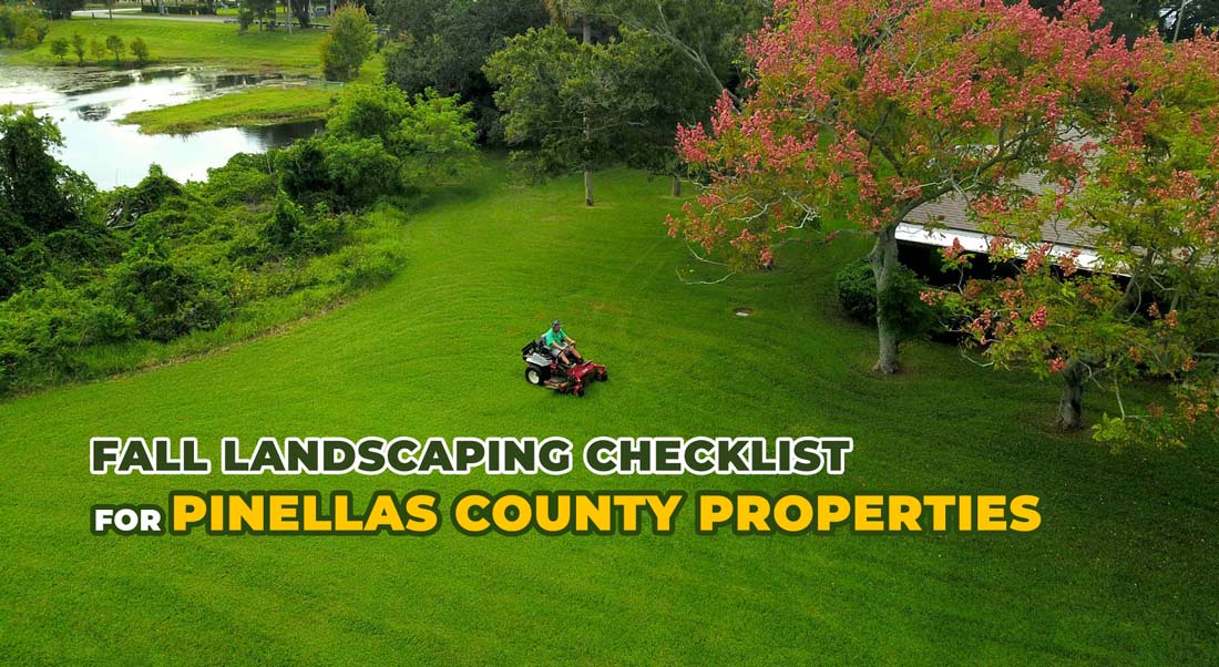 Landscaping crew performing fall maintenance on a Pinellas County residential lawn