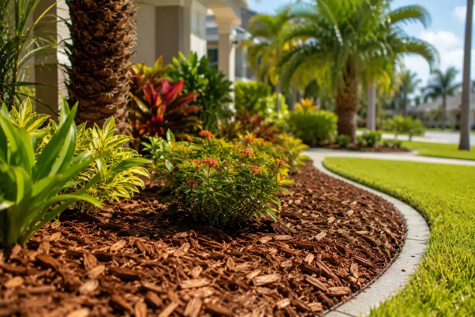 Freshly applied mulch layer around plants in a Florida landscape bed