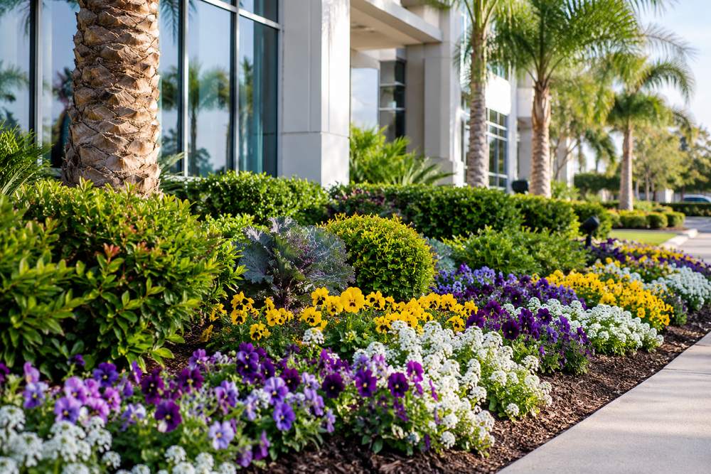 Colorful petunias and dianthus planted in an entrance bed at a Pinellas County commercial property